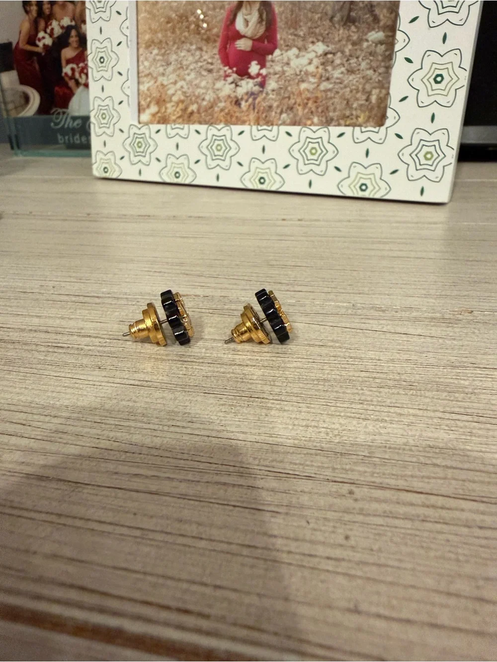 Tory Burch Black and Gold Logo Cluster Stud Earrings